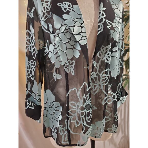 Alex Evenings Vtg Sheer Floral Jaquard Open Jacket Womens Size XL Black Blue - Picture 6 of 8